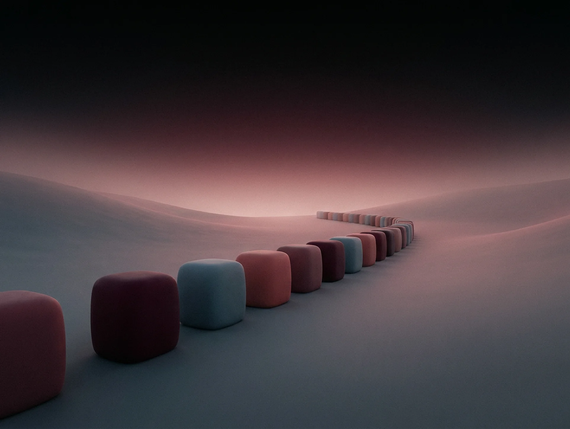 A row of soft blocks settling into a neat sequence toward a bright open horizon, symbolising an empty week filling into a finished published roster